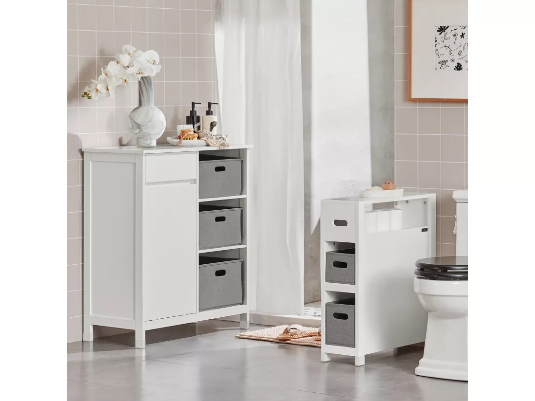 Placard Meuble Bas De Salle De Bain Avec 1 Tiroir, 1 Panier À Linge 3 Panier, Sacs À Linge, BZr77-w