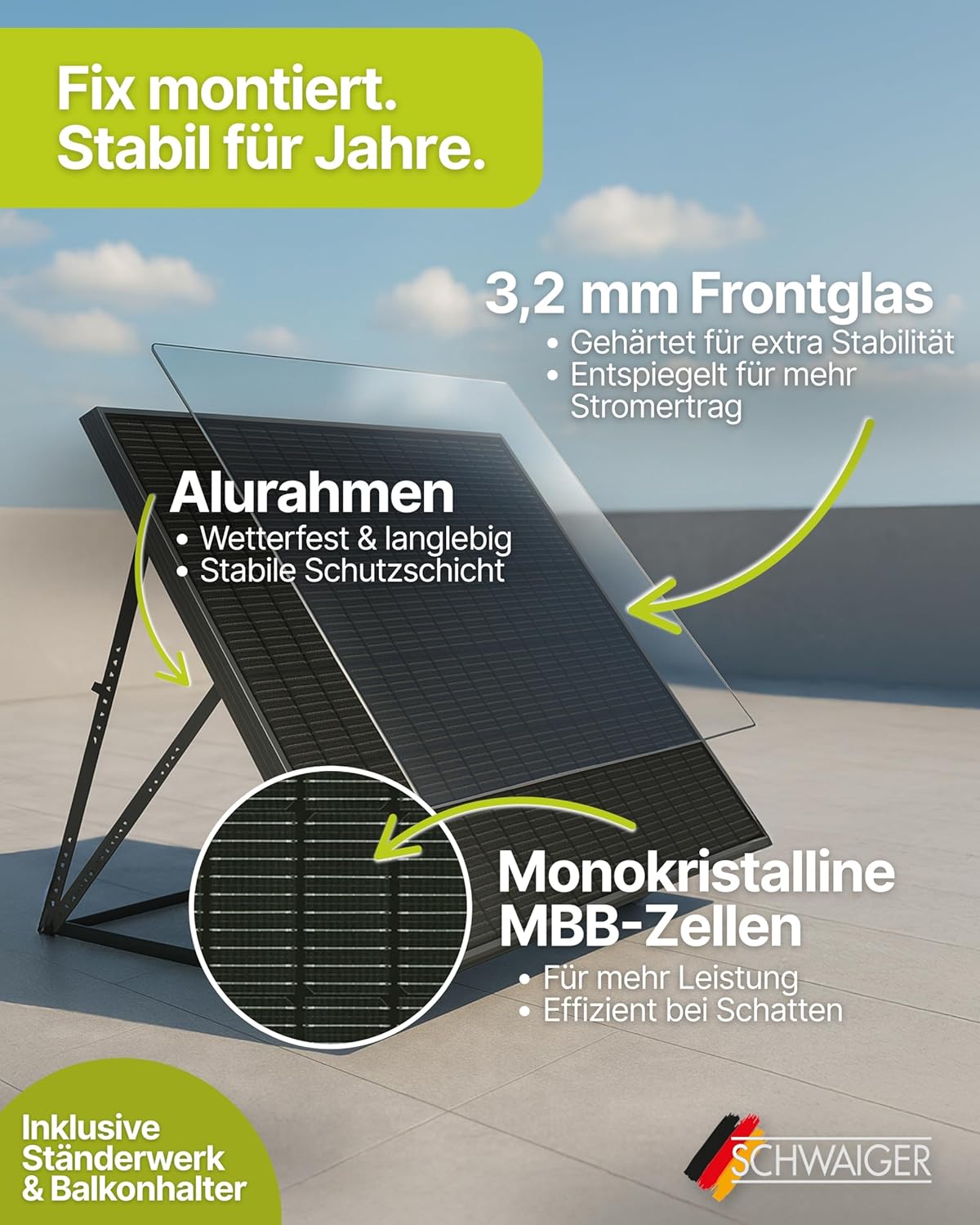 SCHWAIGER Balkonkraftwerk 2er Set mit Full Black Solarpanels 1000Wp I 2×500Wp Solarmodule inkl. Alu‑Ständer, 800W WiFi‑Wechselrichter & 5m Kabel I Plug & Play Solaranlage für Balkon & Garten