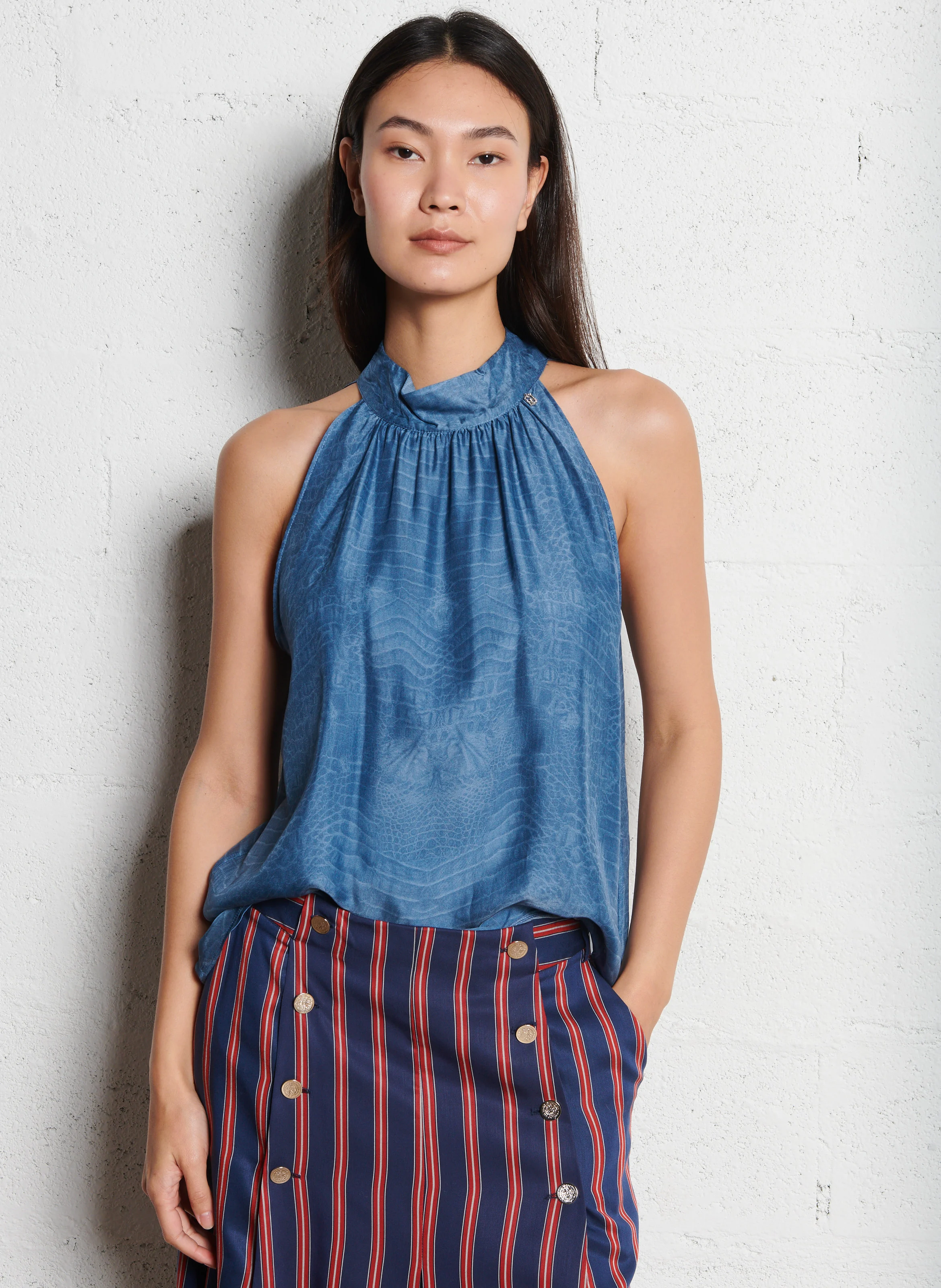 Top col rond imprimé | Bleu