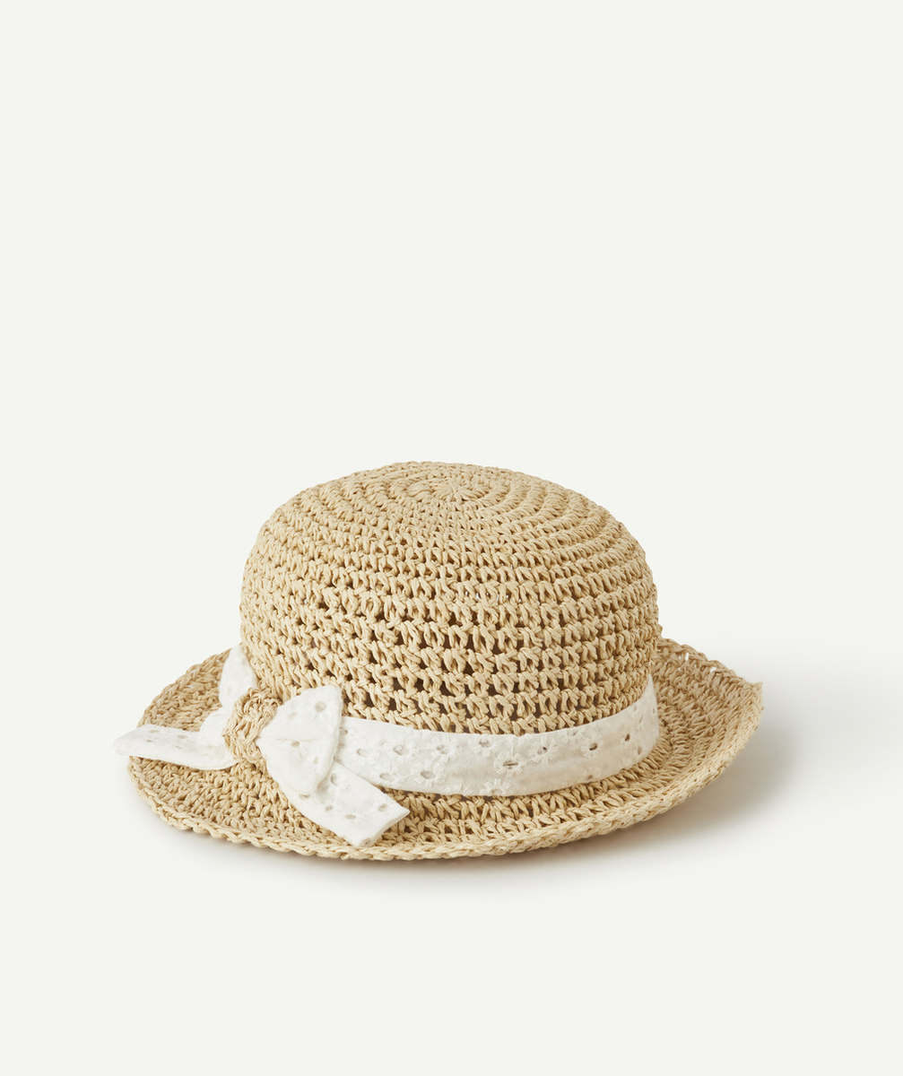 chapeau de paille fille avec ruban blanc brodé