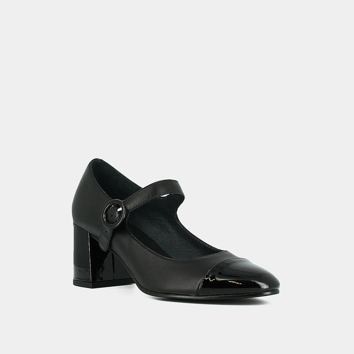 Babies à talons  en vernis et cuir noir