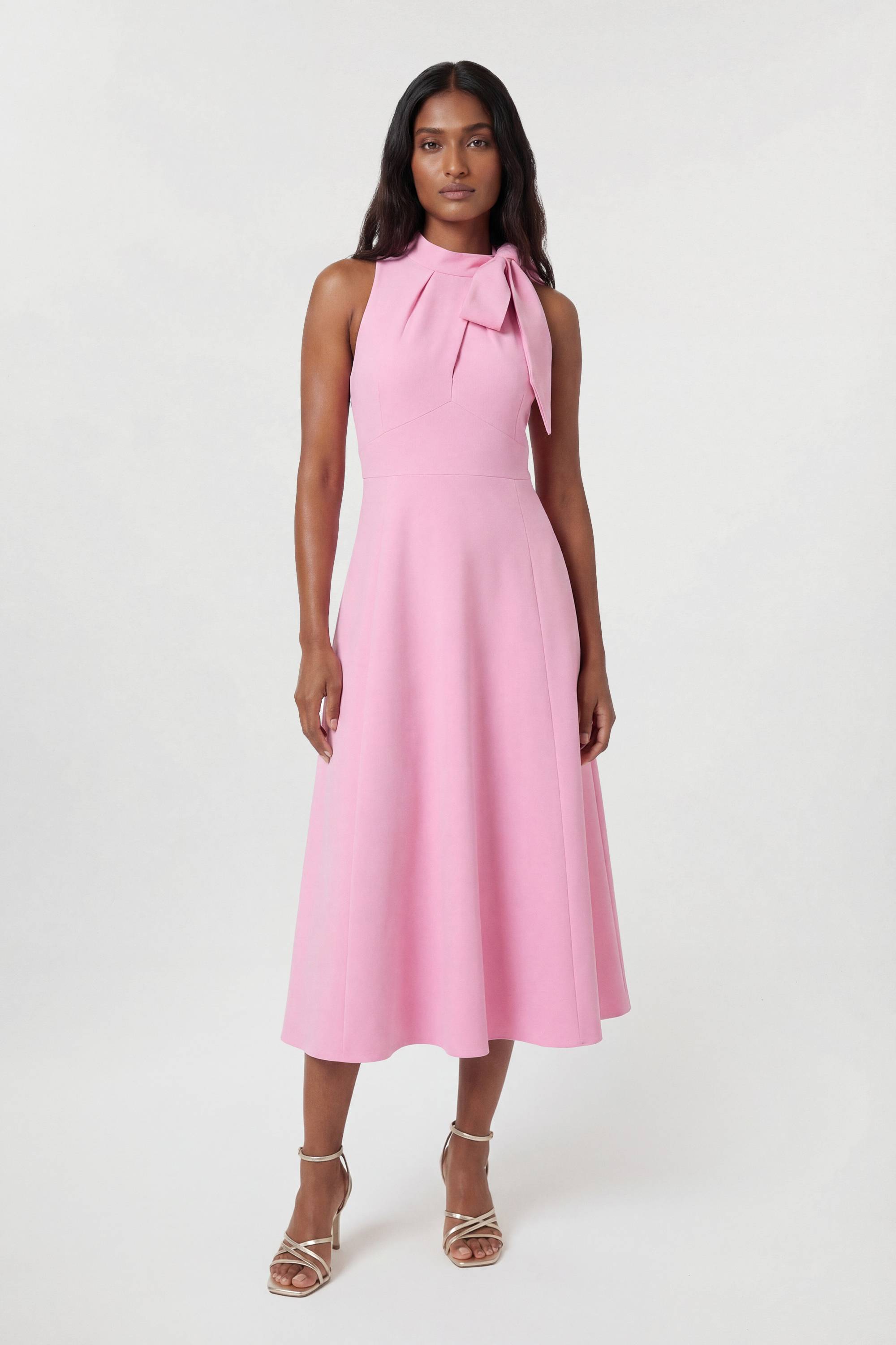 KarenMillen Robe Midi Évasée à Col Nœud Papillon en Tissu Stretch Compact