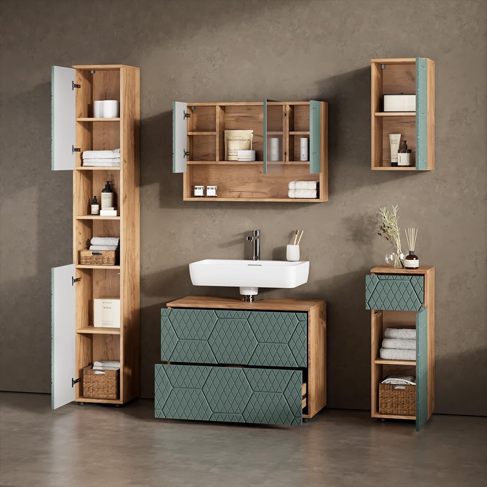 Livinity Badmöbel-Set Ronco, Grün/Goldkraft Eiche, 5 Teile