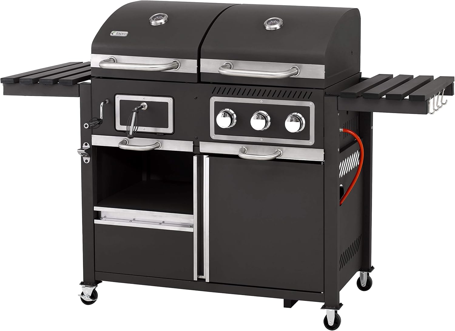 tepro Gas Kohle Kombigrill Toronto, Grillwagen mit Holzkohle- und Gasgrill-Modus, 3 Brenner mit je ca. 2,9 kW Leistung, Piezozündung, Thermometer, Maße ca. 173 x 65 x 116,5 cm, Schwarz
