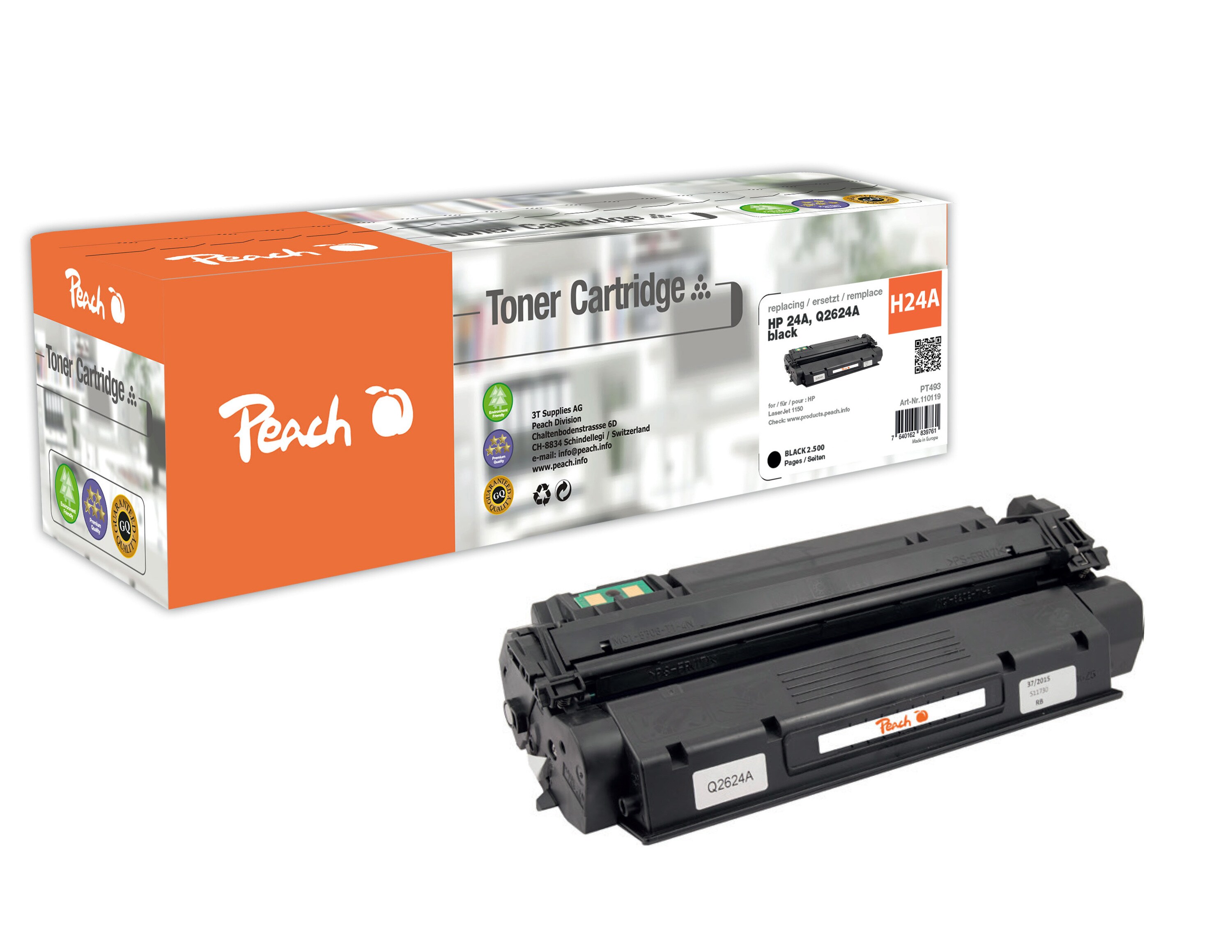 Peach HP 24 A Toner bk ersetzt HP No. 24A, Q2624A für z.B. HP LaserJet 1150 (wiederaufbereitet)