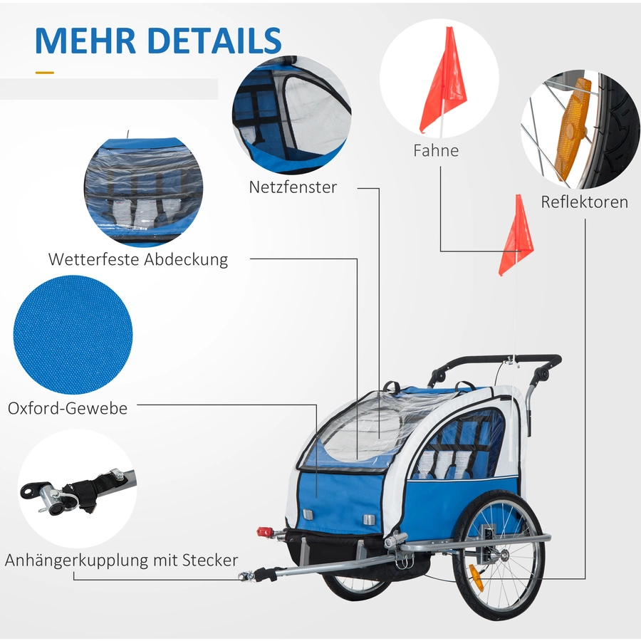 HOMCOM Kinderanhänger mit Staufach blau, weiß