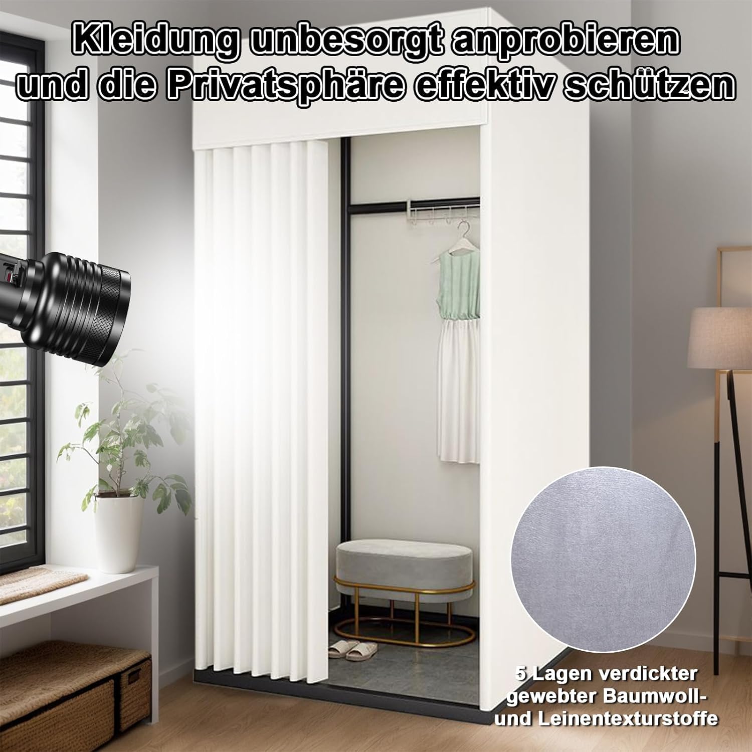 Umkleidekabine Freistehend,Quadratische Umkleideraum,Mobile Anproberaum mit Vorhang und Haken, für Bekleidungsgeschäfte, Boutiquen,Büro und Einkaufszentrum (Weiß, 100x100x200cm)