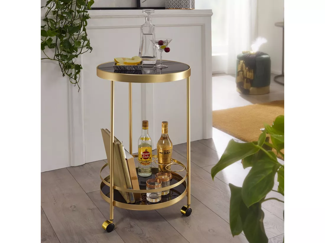 desserte table d'appoint dorée sur roulettes chariot de salle à manger en verre rond Ø 45 cm