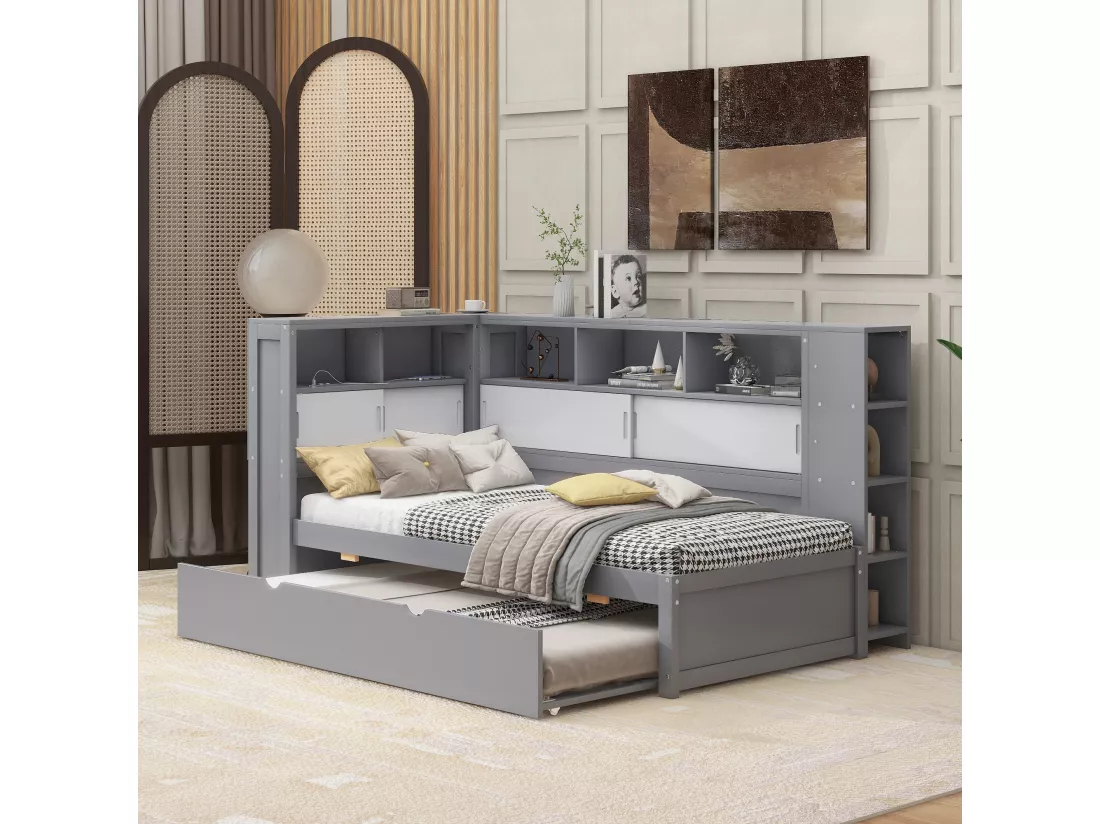 Lit gigogne 90 x 190/200 cm avec tête de lit - Placards de rangement et Prises USB - Panneaux de particules+MDF - Gris (sans matelas)