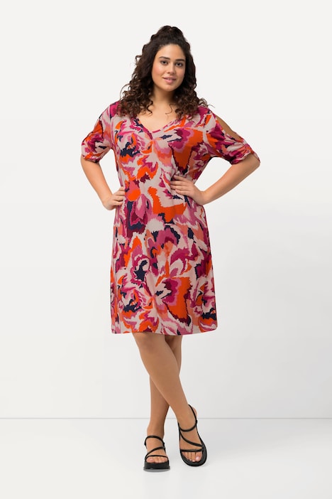 Strandkleid, Stickblumen, A-Linie, V-Ausschnitt, Halbarm