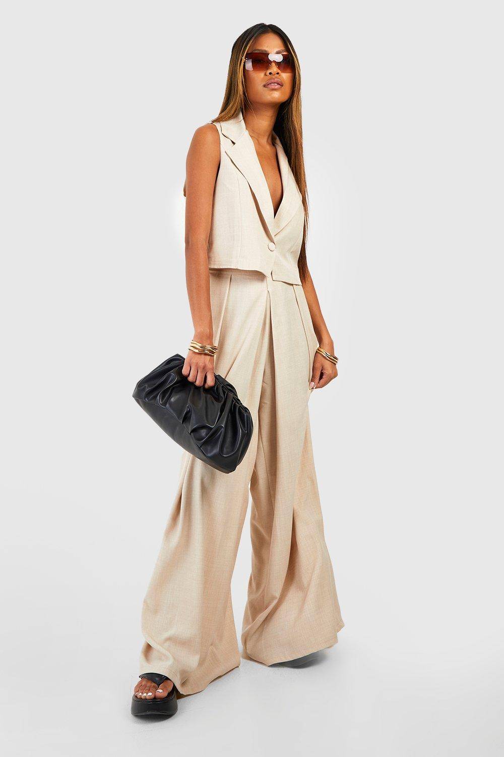 boohoo Pantalon tailleur à jambe large avec pli avant effet lin
