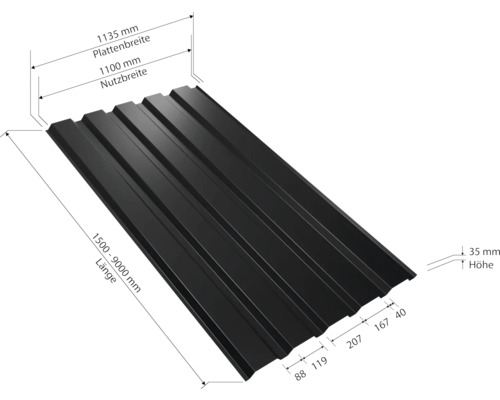 PRECIT trapeziumvormig wandpaneel W35LA, gitzwart RAL 9005, vaste breedte 1070 mm x dikte 0,5 mm (verkocht per meter van 150 tot max. 900 cm)