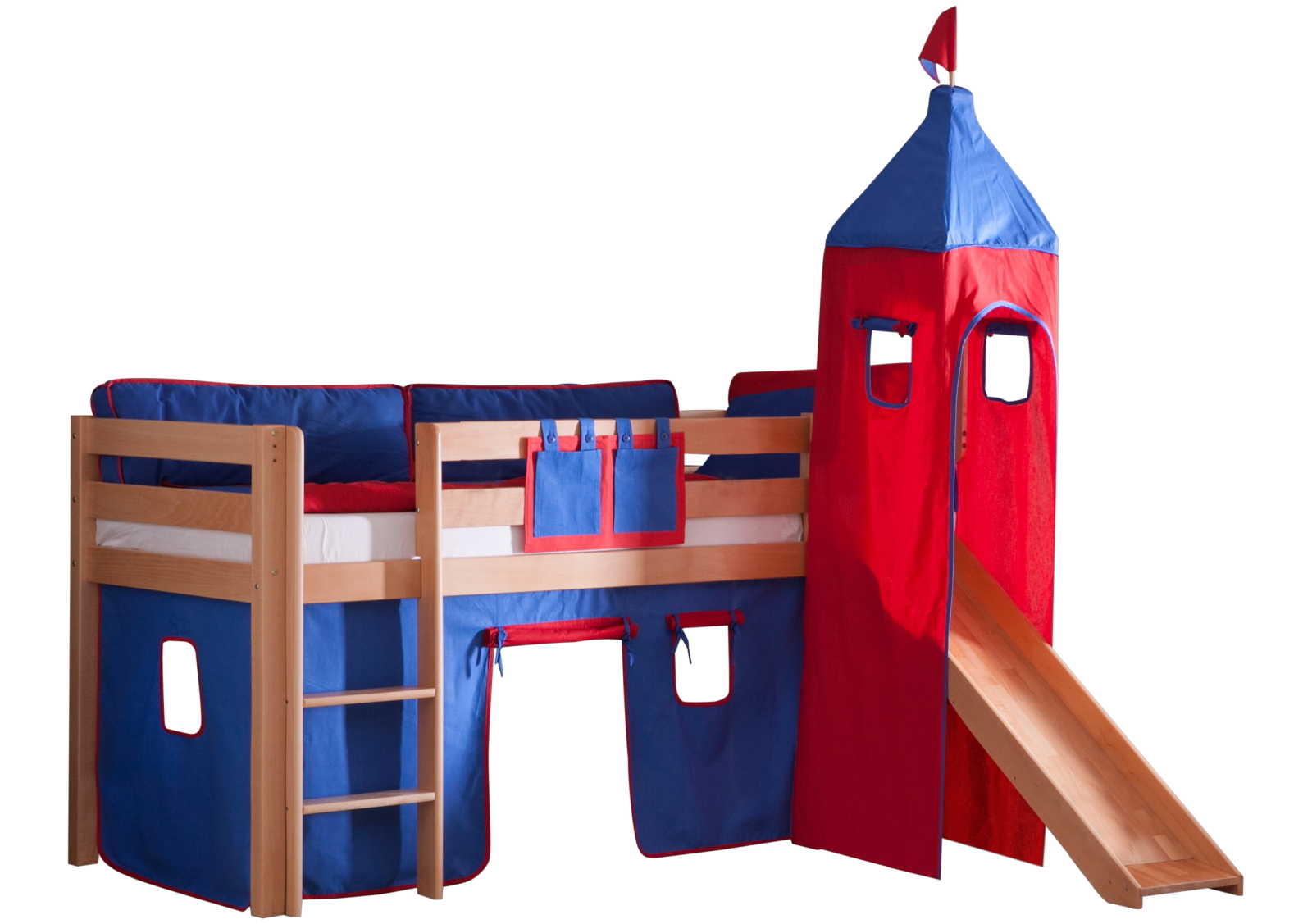 Halbhochbett ALEX - natur - Buche massiv - Rutsche und Turm - 90x200 cm