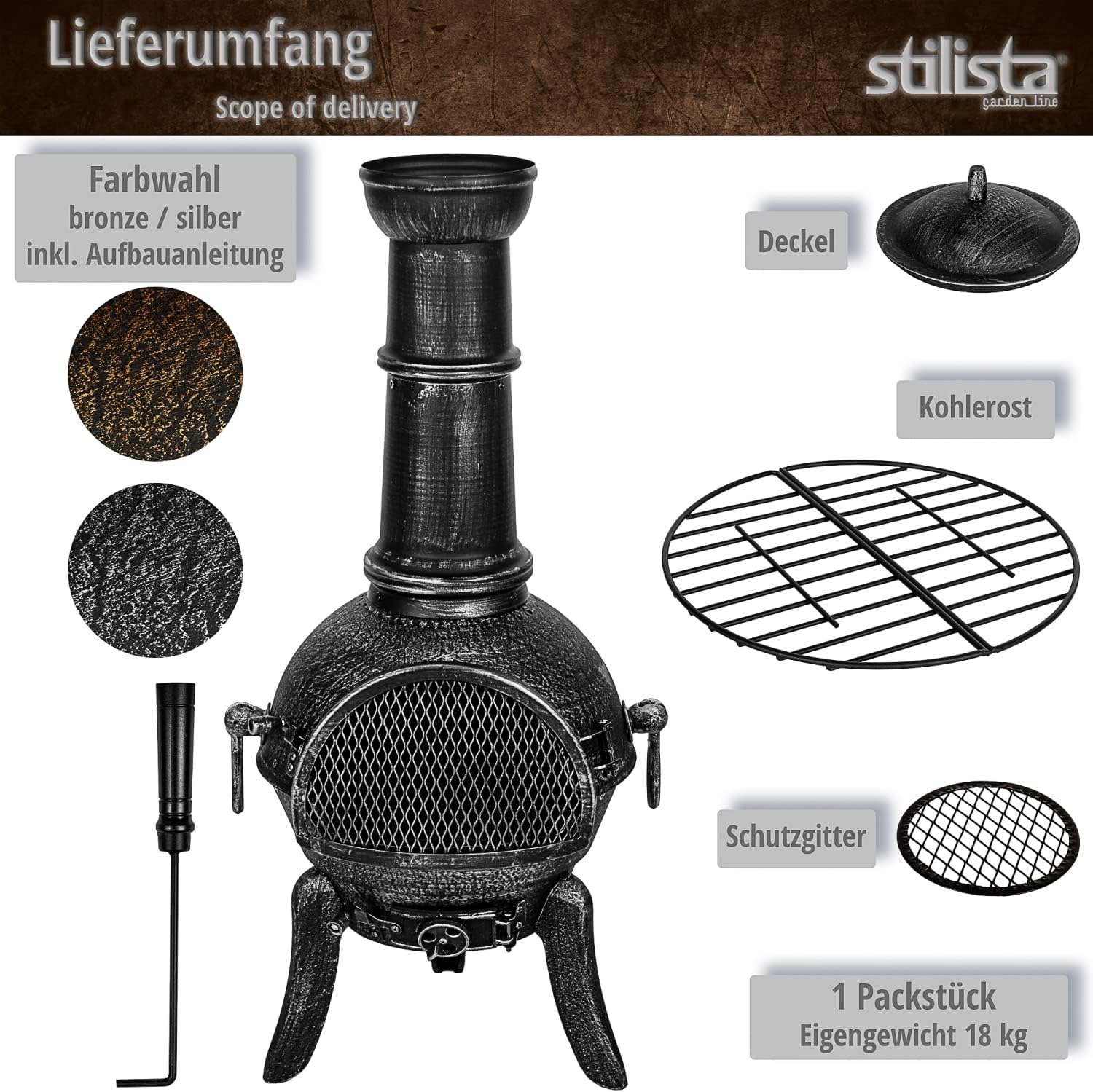 STILISTA® Terrassenofen 112 cm aus Gusseisen mit Funkenschutz und Schürhaken, Silber Grau
