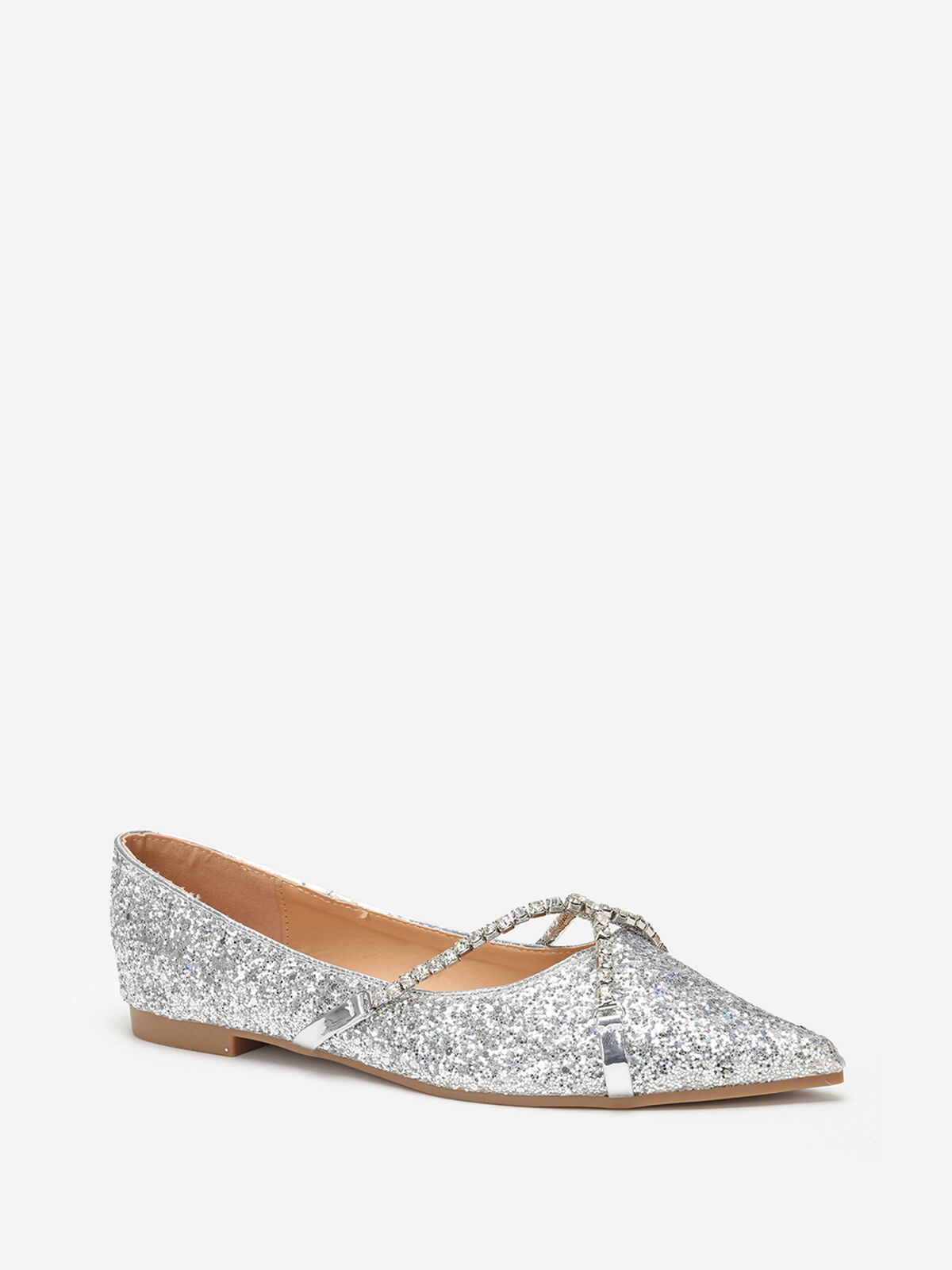 Ballerines pointues à paillettes et strass- Argenté