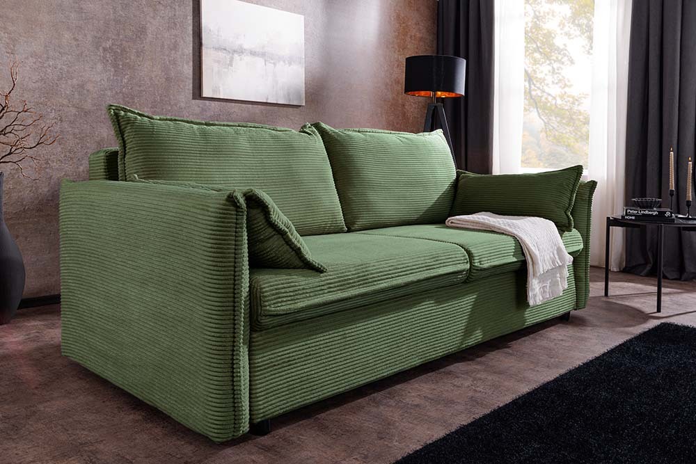 Design Schlafsofa APARTMENT 215cm grün Cord 3-Sitzer Couch inkl. Bettkasten Kissen