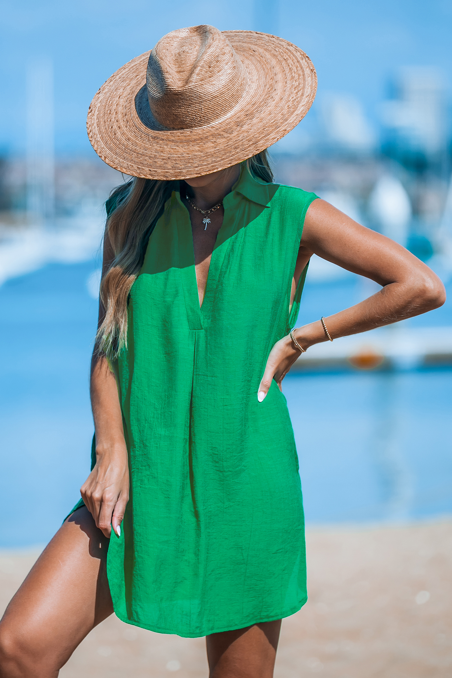 Robe cover up sans manches à col chemise verte