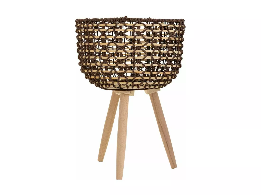 Cache-pot en bois, métal et corde de papier marron d29,5x19/42h