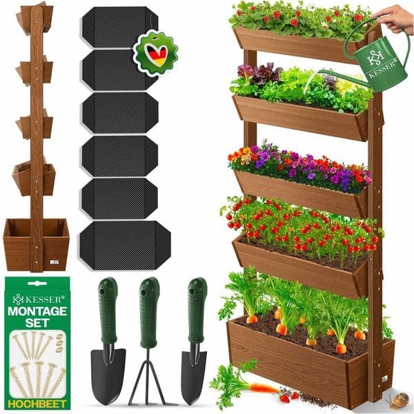 KESSER® Hochbeet mit 5 Etagen Premium Blumenkasten Blumentreppe Pflanztreppe Gemüsebeet Kräuterbeet Pflanzkübel Frühbeet Blumenbeet Pflanzkasten mit Gartenvlies - Beet inkl. Schaufelset, Braun