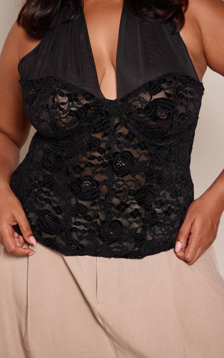 Noir Top Corset Grande Taille En Dentelle Avec Col Licou