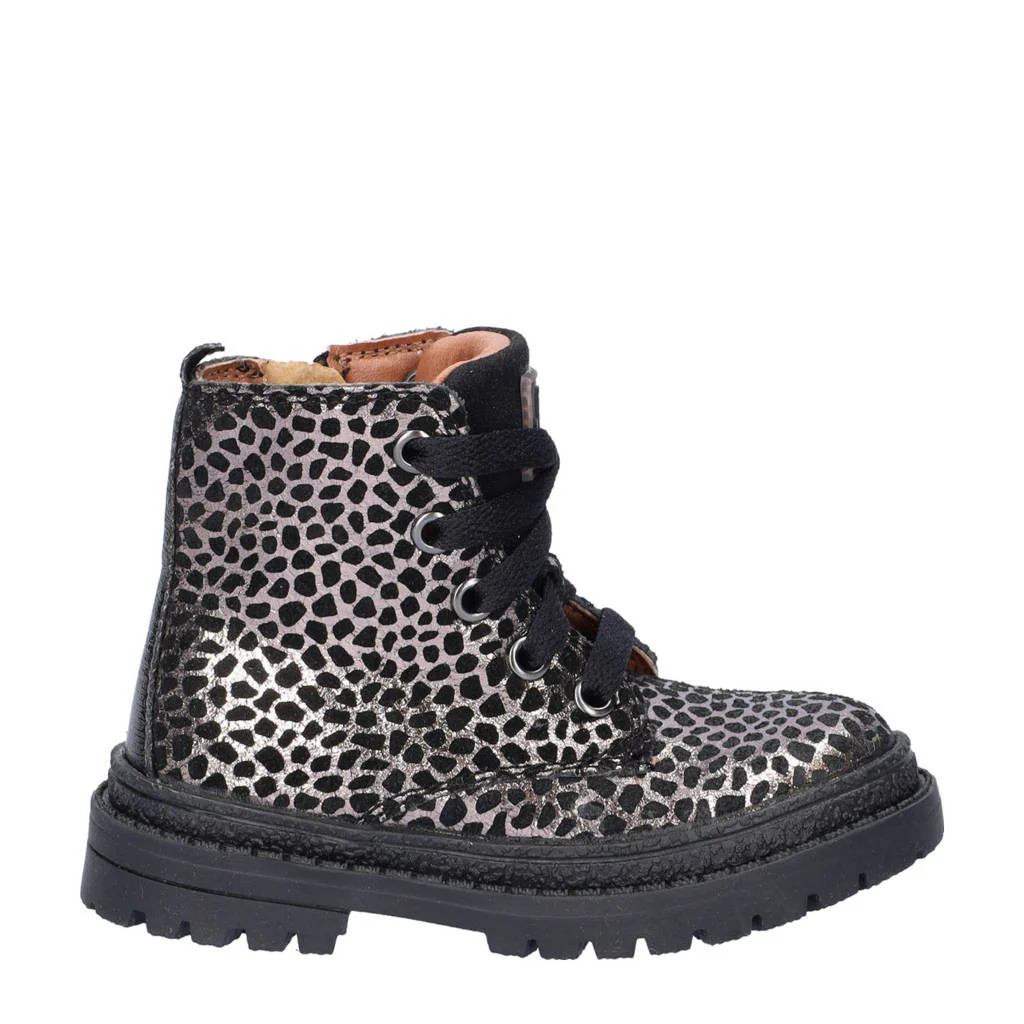 Nelson Kids suède veterboots zwart/zilver