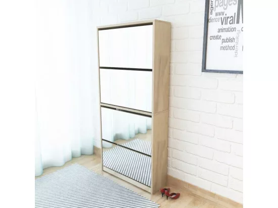 Meuble à chaussures 4 étagères avec miroir 63x17x134 Chêne
