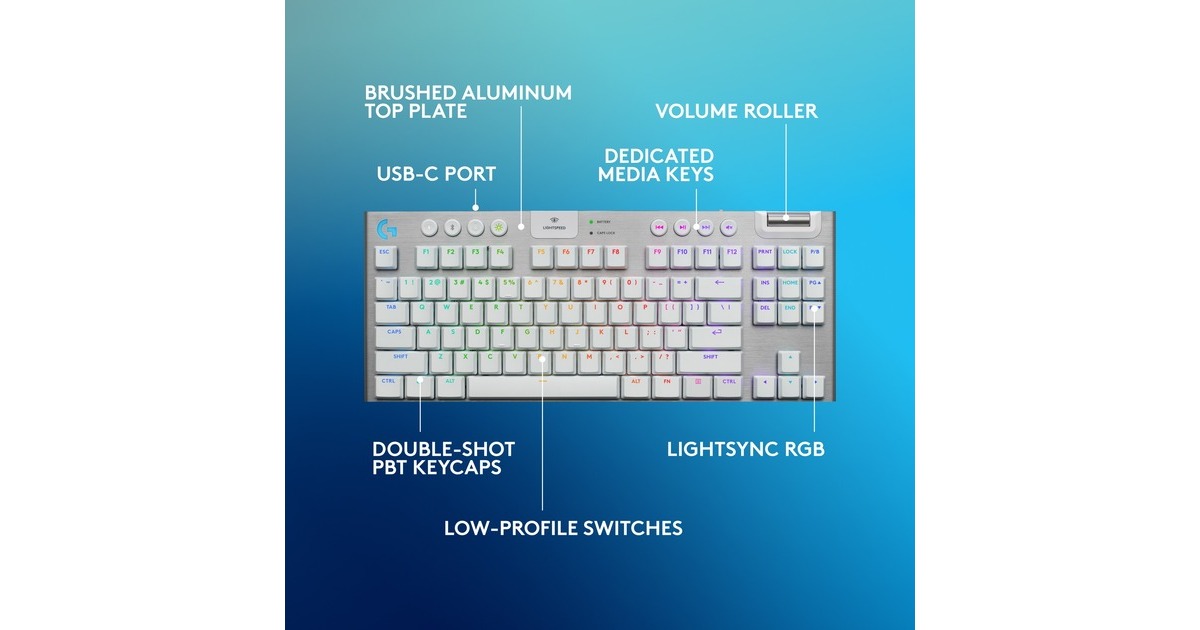 LogitechG915 X LIGHTSPEED TKL Low-Profile Wireless Gaming Keyboard  (Wit, US-International, GL Tactile, Double-Shot PBT, RGB, LIGHTSPEED draadloos / Bluetooth / USB-C)