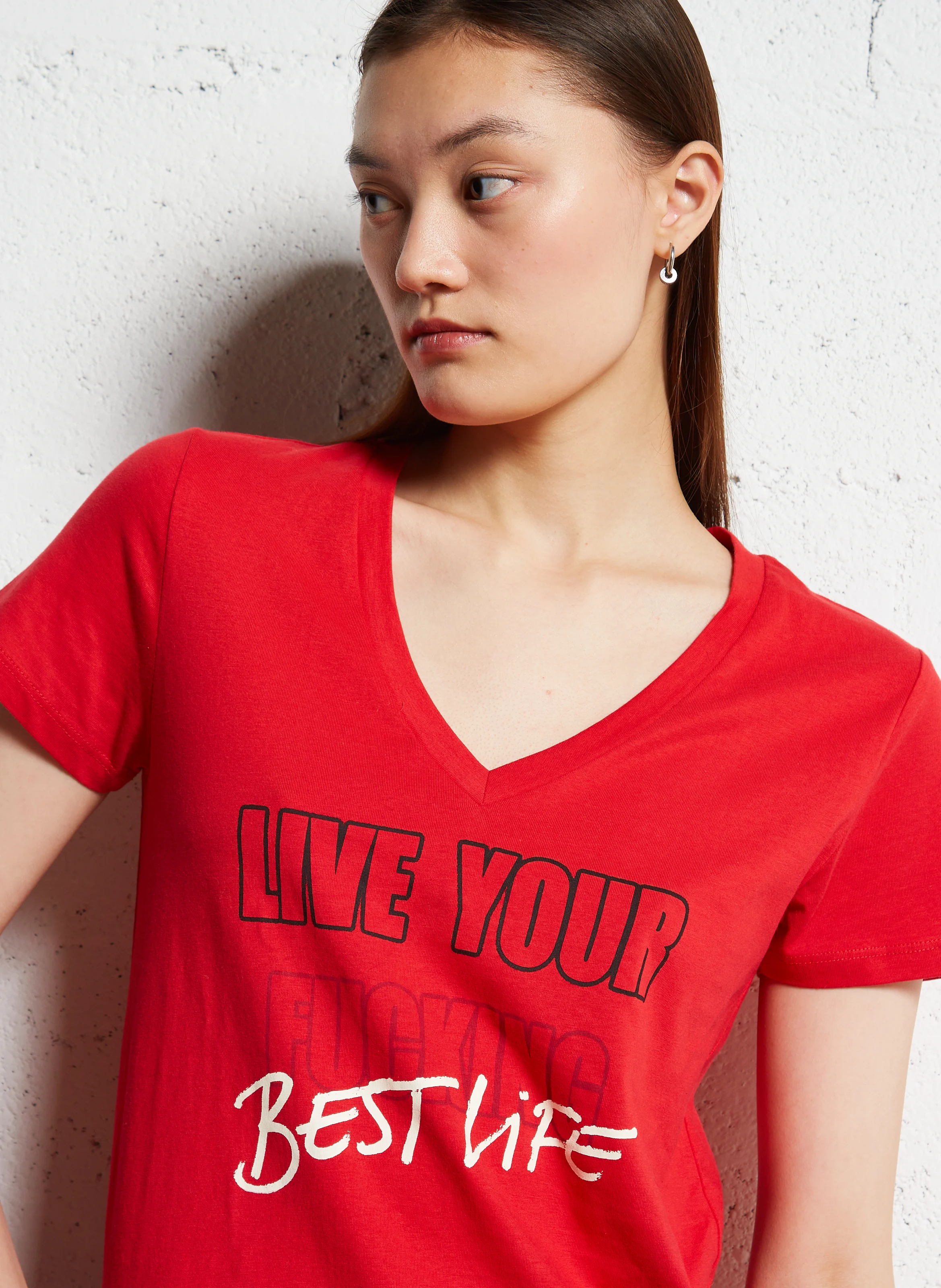 Tee-shirt droit col V en coton | Rouge