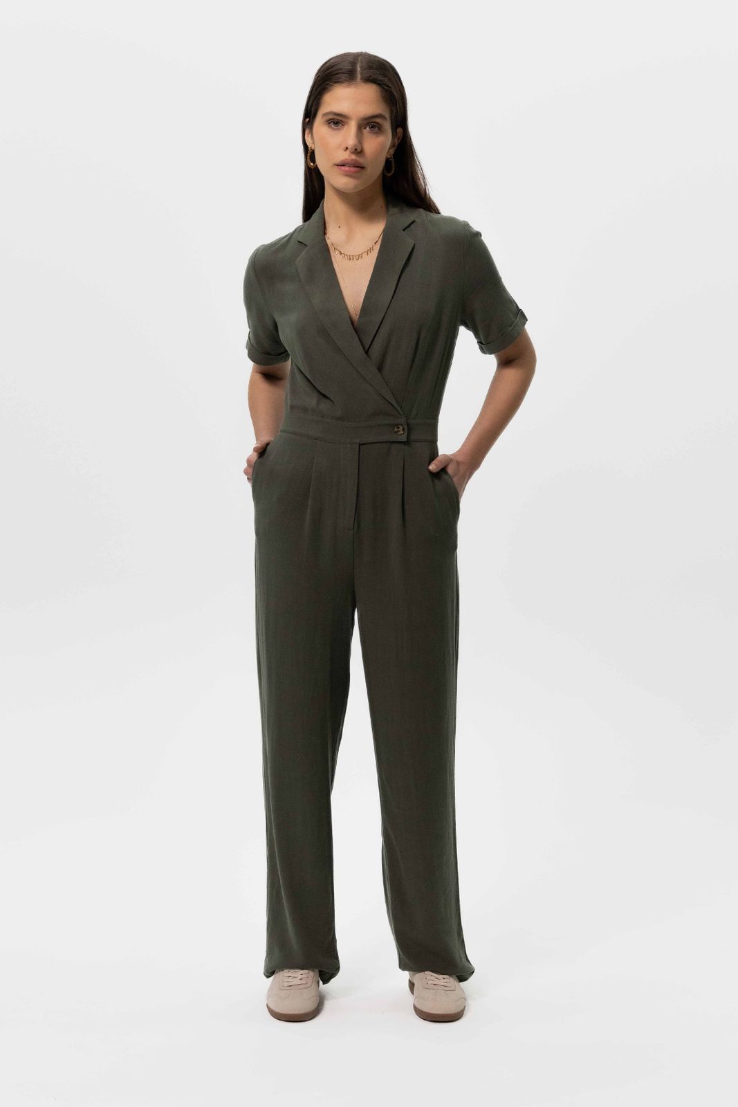 Donkergroene linnen straight leg jumpsuit