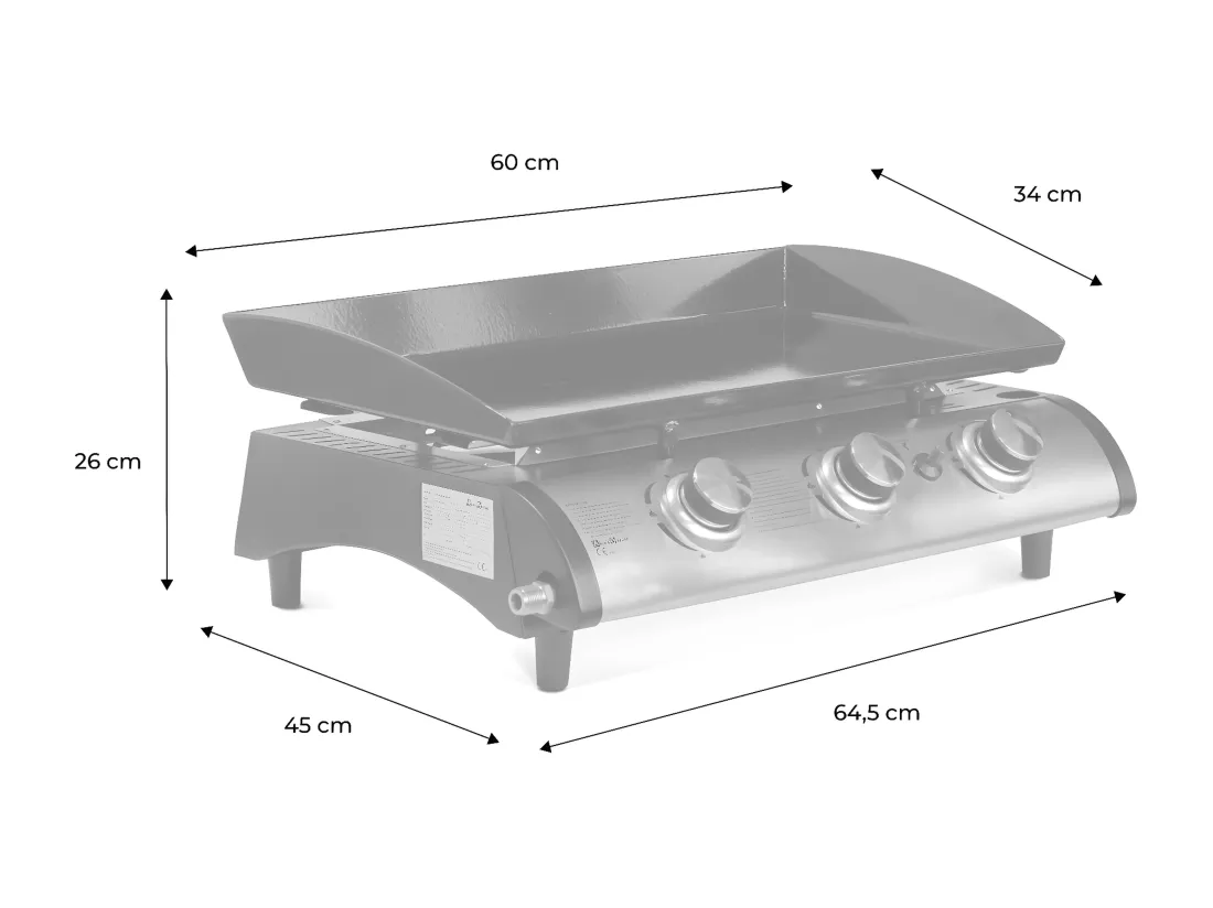 Plancha au gaz 3 feux - Porthos 3 brûleurs - 7.5 kW. barbecue. cuisine extérieure. grande plaque émaillée. inox