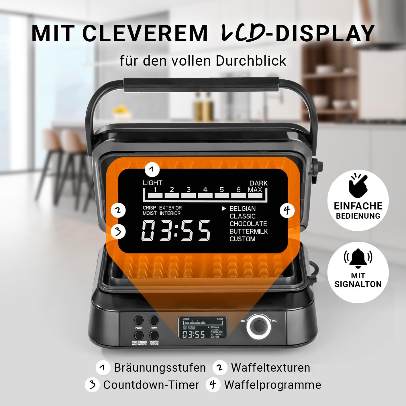 Premium Waffeleisen für Belgische Waffeln | Starke 1.600 Watt, doppelte Heizelemente, 5 Programme & 7 Bräunungsstufen | LCD Display, Timer, extra tiefe Heizplatten für besonders luftige Waffeln