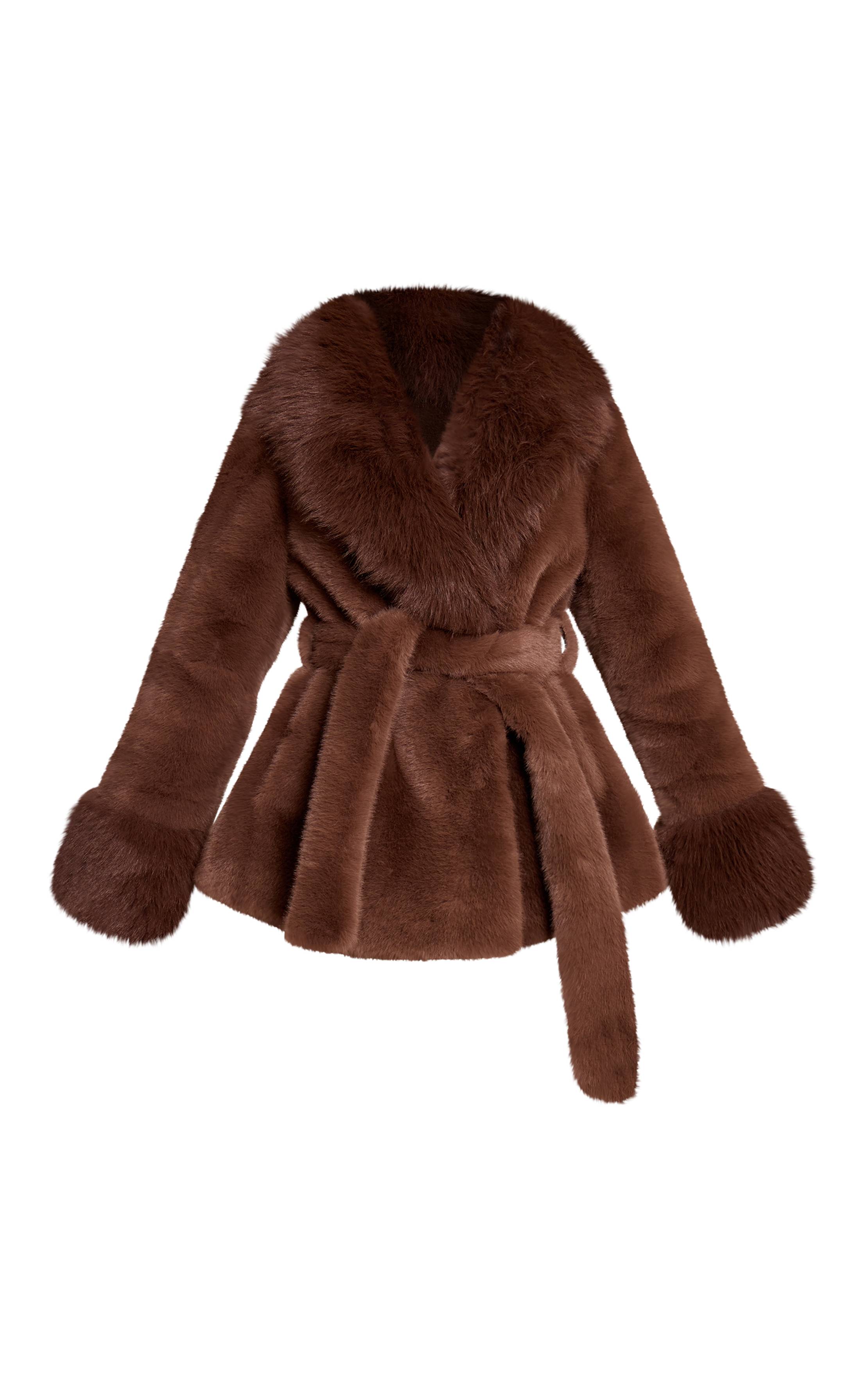 Chocolat Manteau Petite En Synthétique Moelleuse Avec Ceinture À Nouer