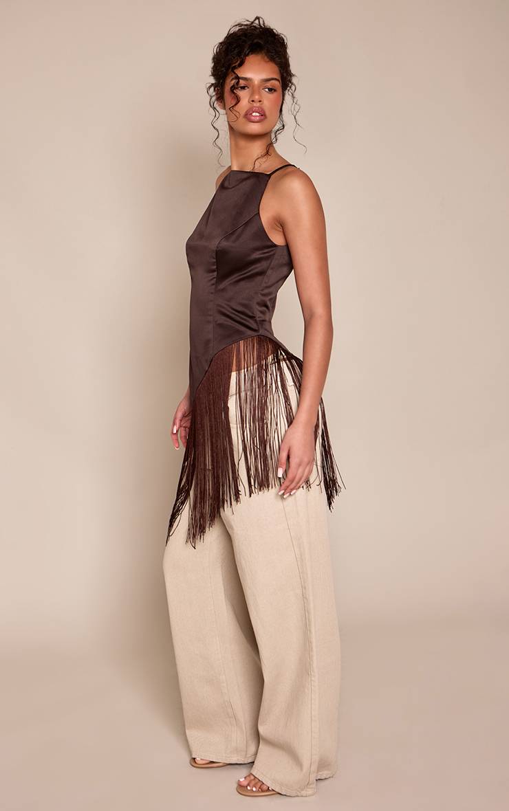 Chocolat Top Asymétrique En Satin À Ourlet À Pompons