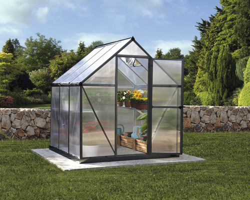 Palram kas – Canopia Mythos 6x6 dubbelwandige polycarbonaat panelen 4 mm incl. funderingsframe, gootsysteem 185 x 186 cm RAL 7012 grijs