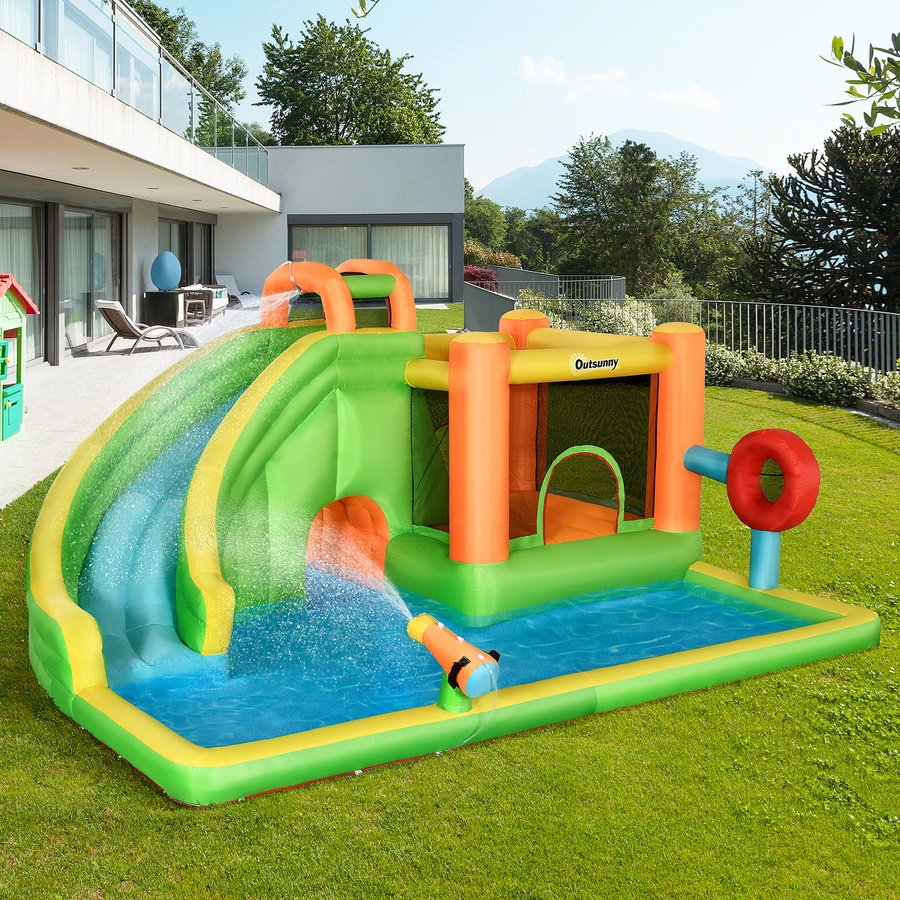 Outsunny Hüpfburg mit Wasserbecken, Boxpfosten, Rutsche und Tunnel bunt