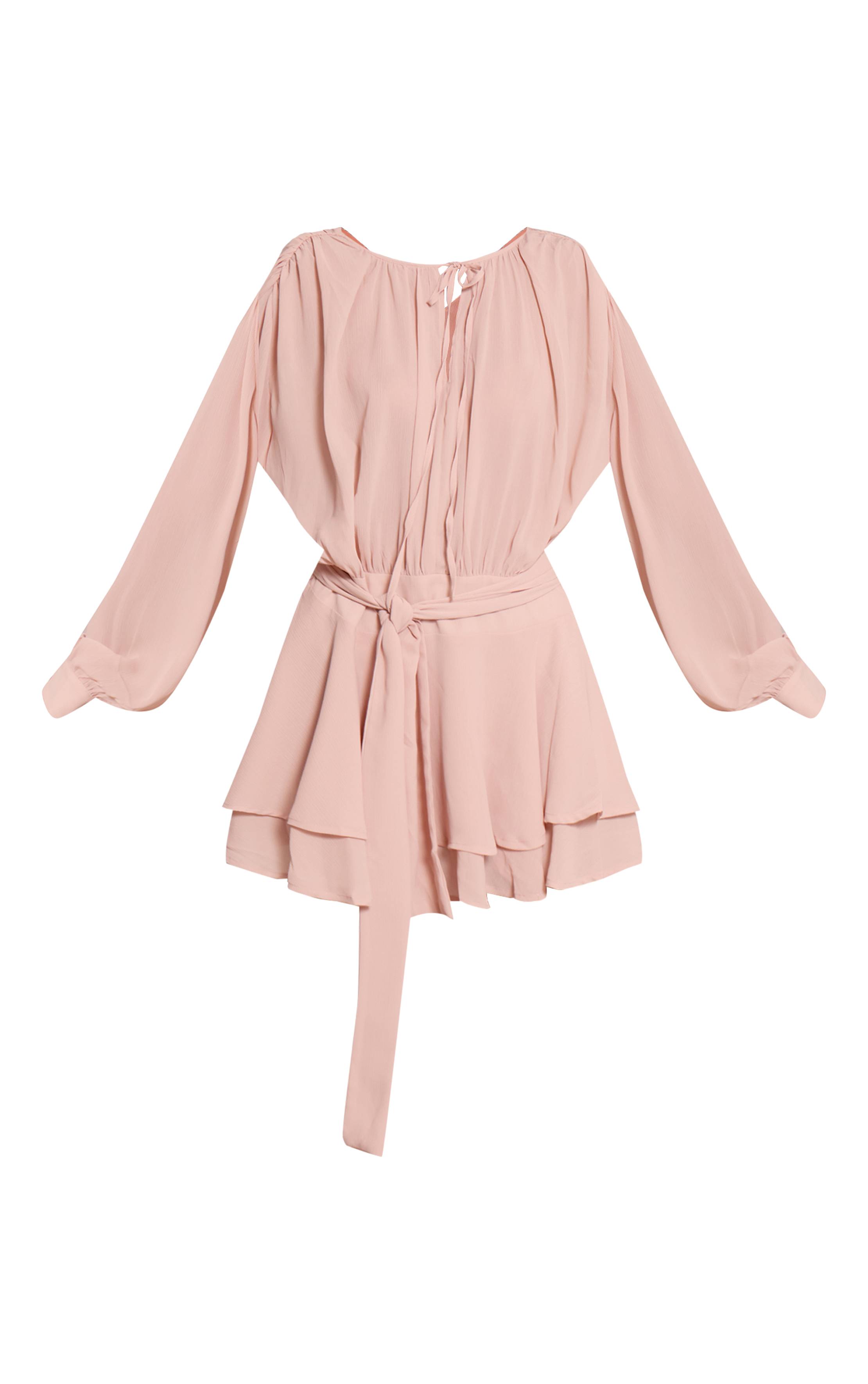 Rose Poudré Robe Courte Droite Cache-cœur En Mousseline Avec Ceinture