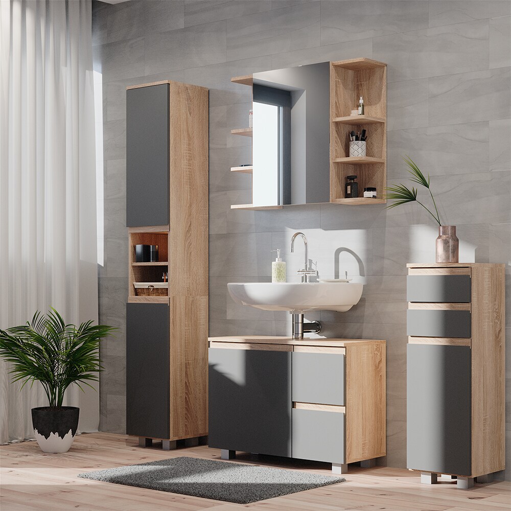 Vicco Badmöbelset J-shape Sonoma Anthrazit modern Badezimmer Schrank Badschrank Waschtischunterschrank Spiegelschrank Midischrank Hochschrank Schranktür Schrankschublade Schrankfach Ablage Aufbewahrung
