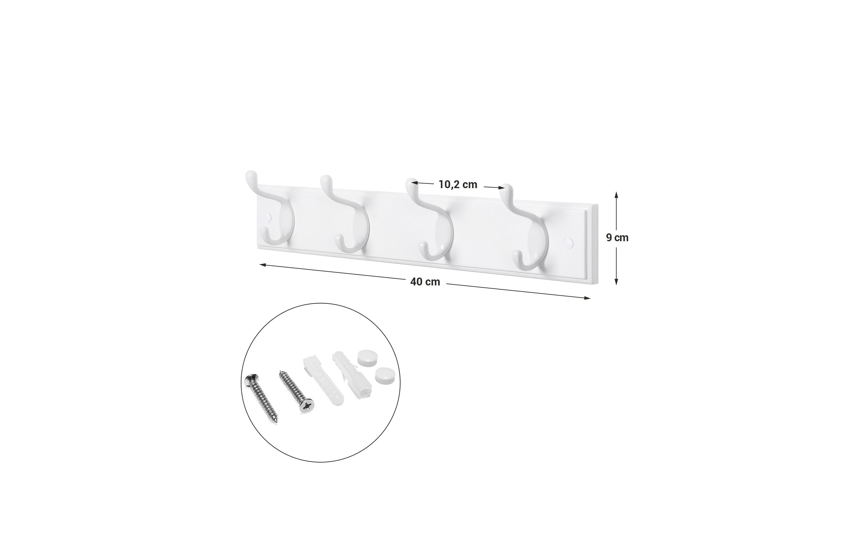 Kleiderhaken 40 x 9 x 7 cm, WeissWandgarderobe mit 4 Metallhaken
