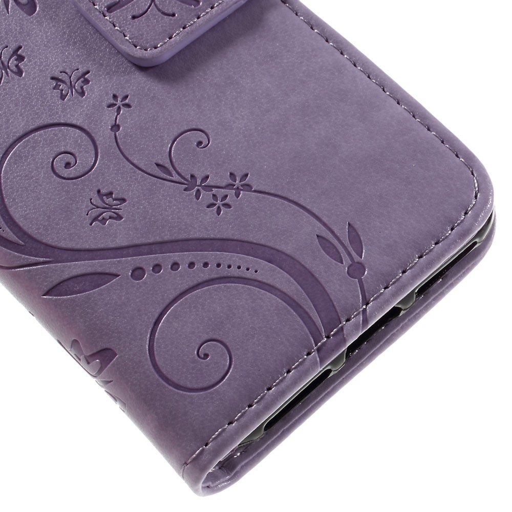 iPhone SE (2022/2020) / 8 / 7 Leder Tasche mit Kartenfach   Handschlaufe Butterfly Flowers - Lila