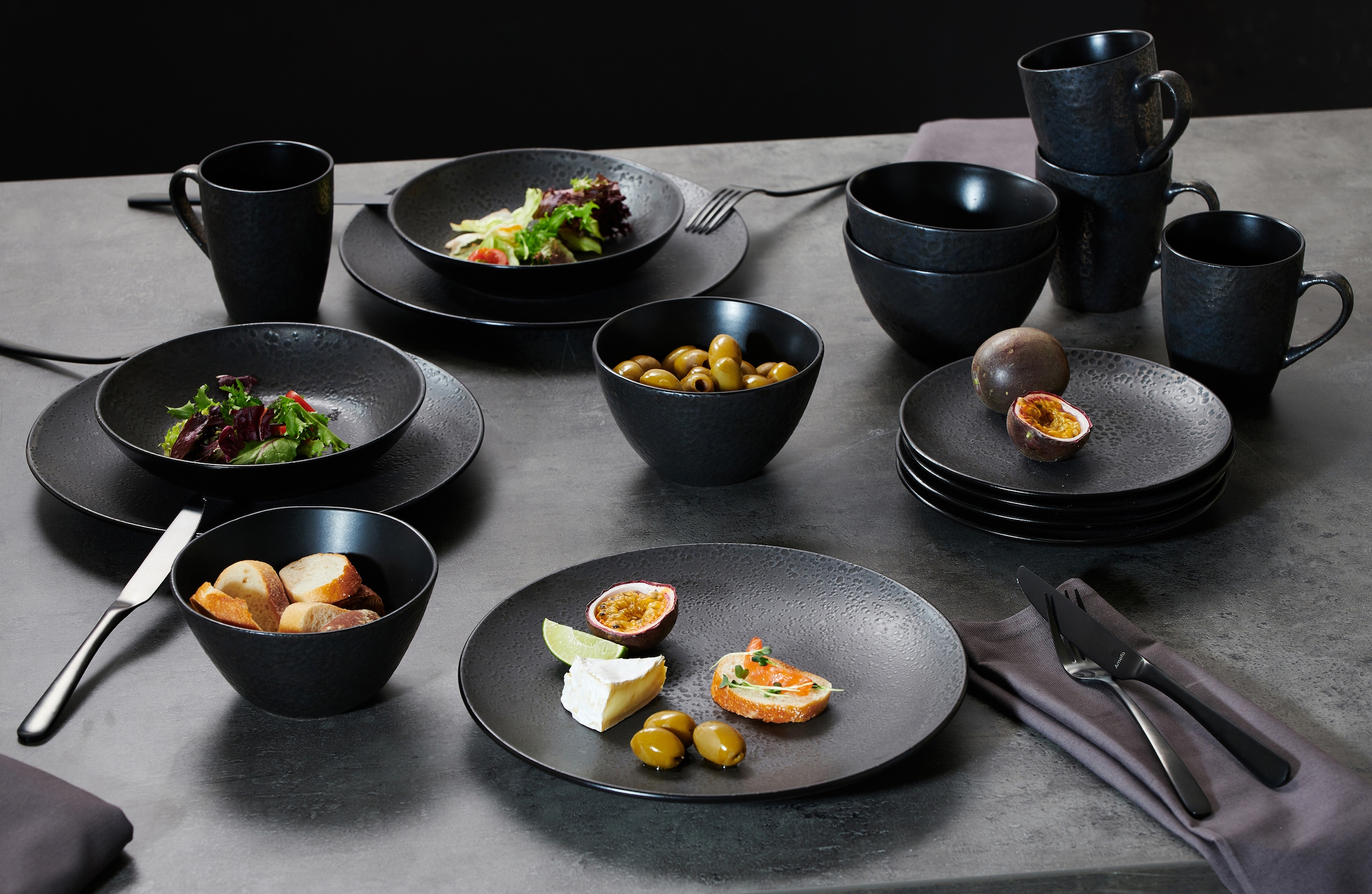 Ritzenhoff & Breker Tafelservice »Teller Set, Geschirr-Set Kitwe« seidenmatter Schwarzton mit Kupferstich, 8 Teile, für 4 Personen