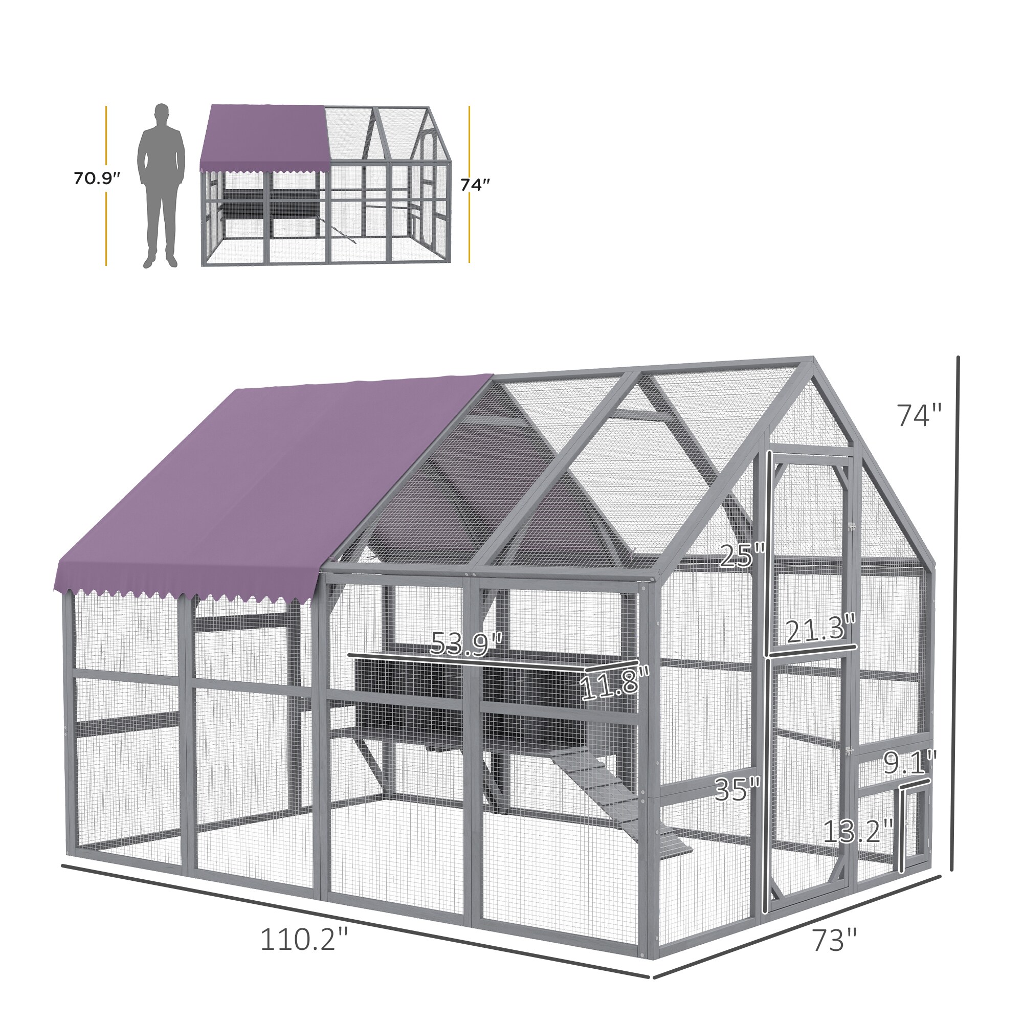 PawHut Hühnerstall mit Schattendach grau 280L x 185,5B x 188H cm