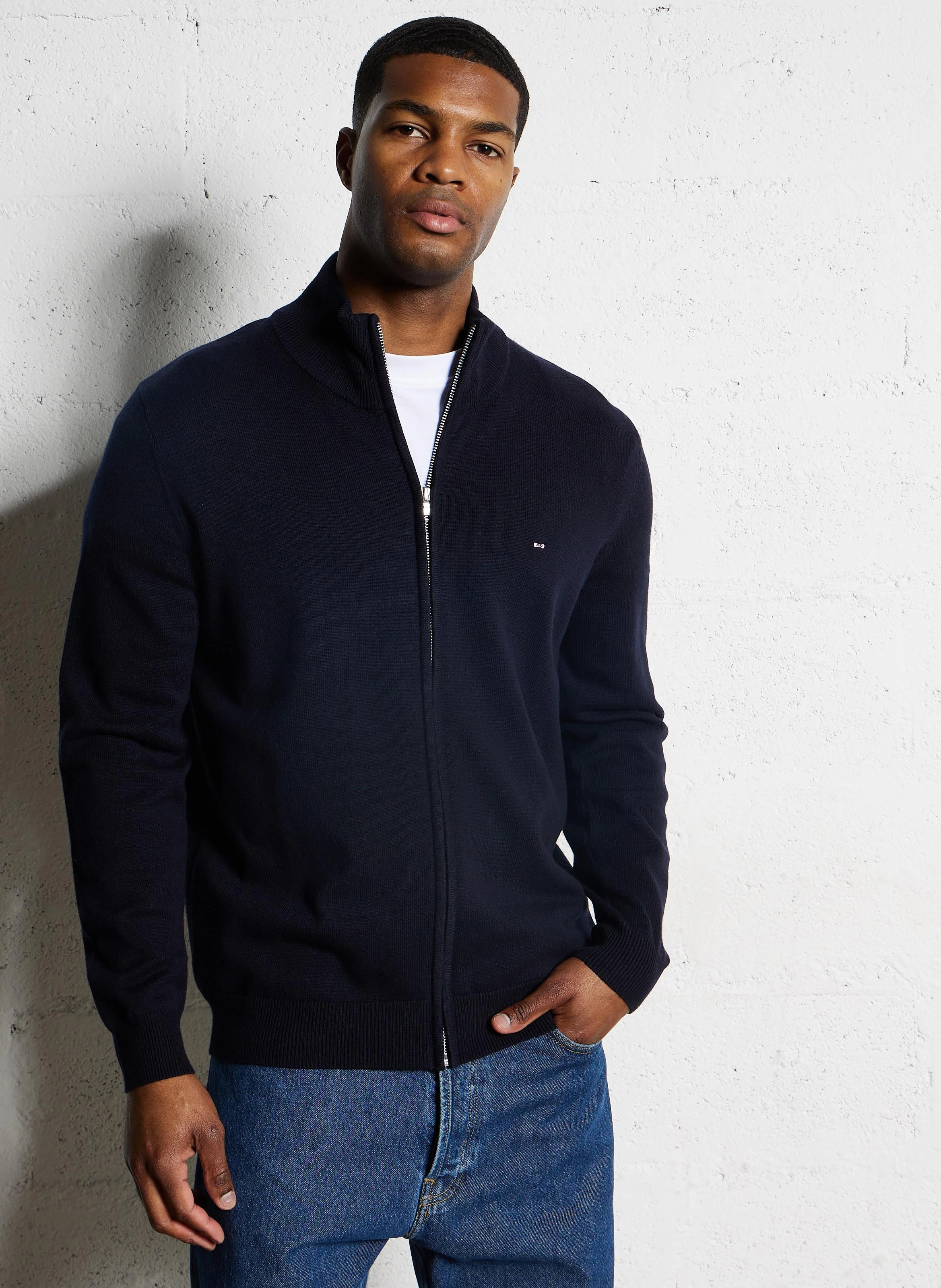 Gilet zippé regular en laine et coton | Bleu