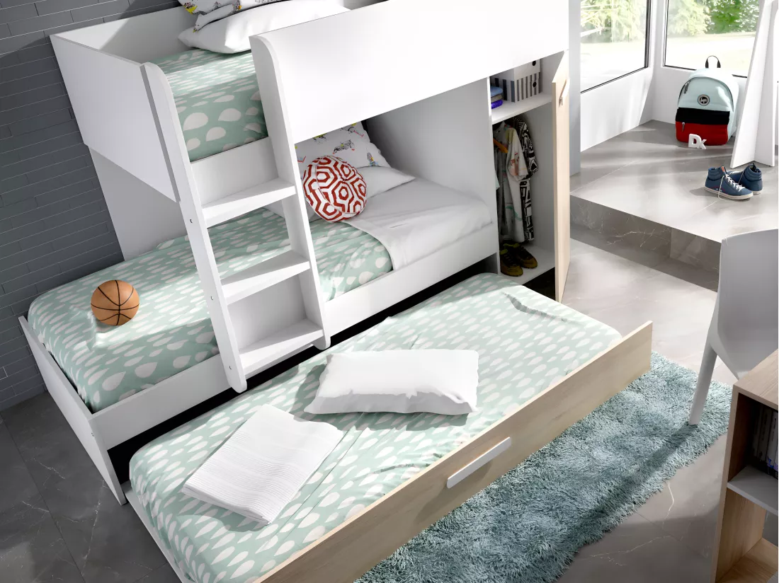 Lits superposés avec tiroir lit gigogne et rangements 3 x 90 x 190 cm - Blanc et Naturel + matelas - ANTHONY