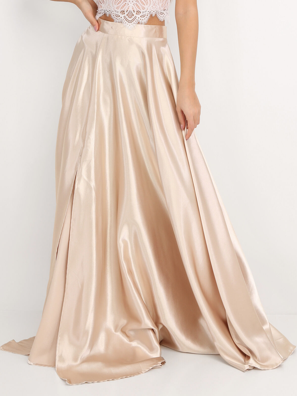 Jupe longue taille haute effet satiné- Beige