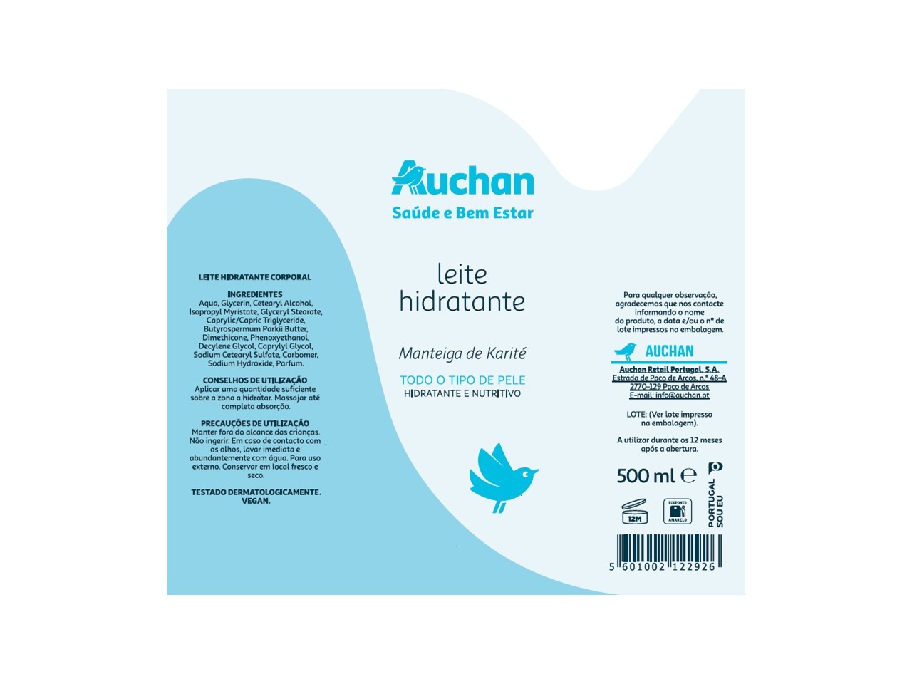 LEITE CORPO HIDRATANTE AUCHAN SAÚDE E BEM ESTAR COM MANTEIGA KARITÉ 500ML