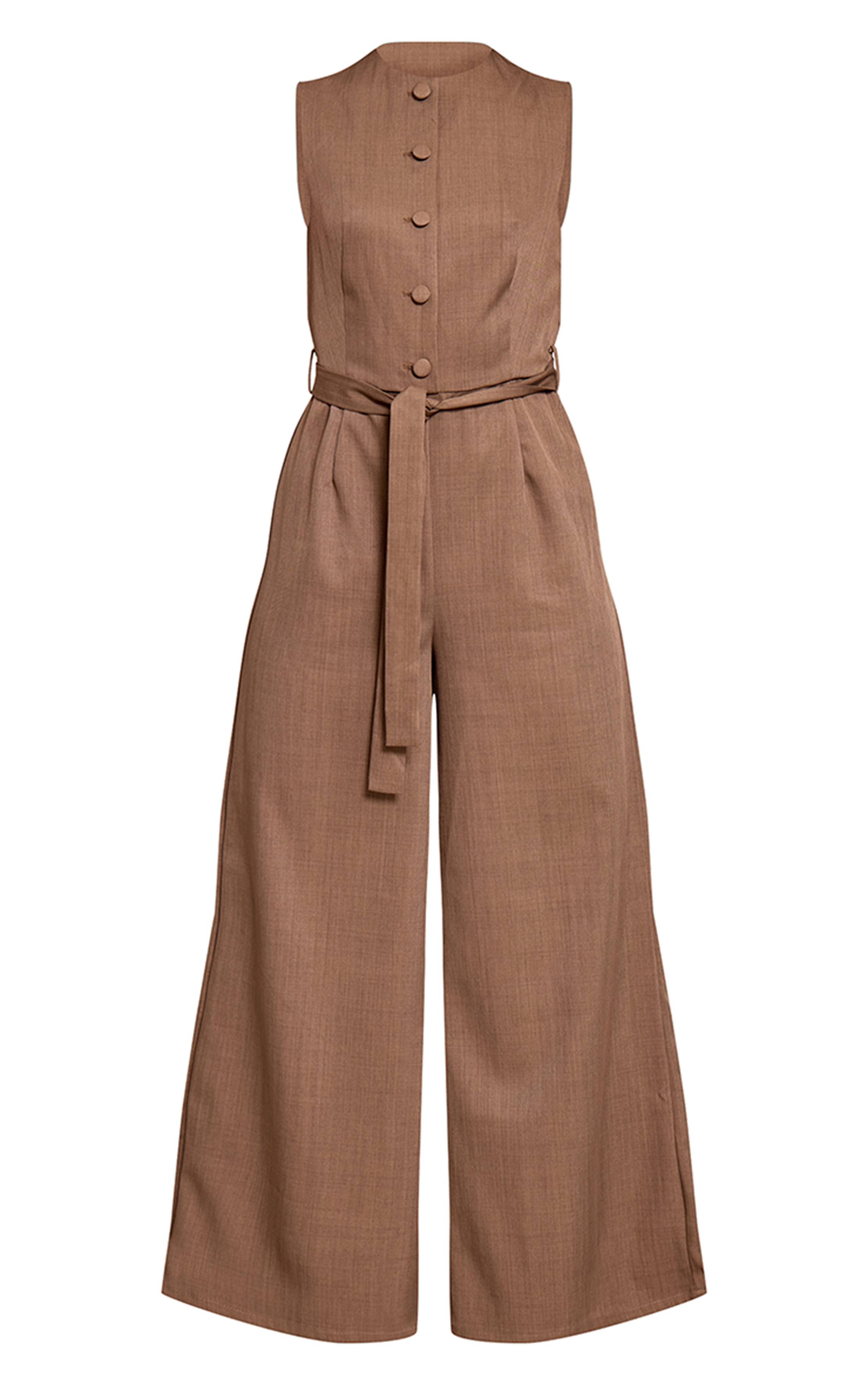 Taupe Combinaison Pantalon Large En Tissu Tissé Avec Ceinture Nouée Et Boutons