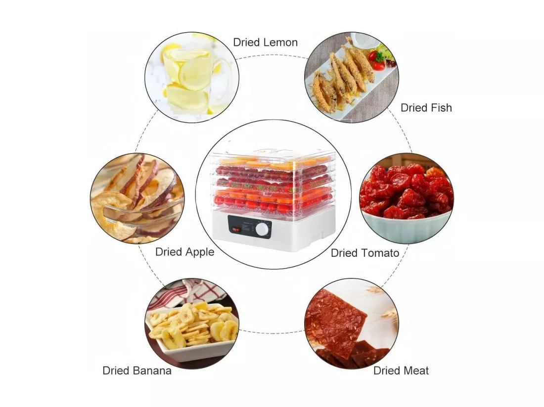 Déshydrateur à aliments 5 plateaux, 30-70°C, séchoir alimentaire 350 W, pour sécher toutes sortes de légumes, fruits - 32x32x26.5 cm