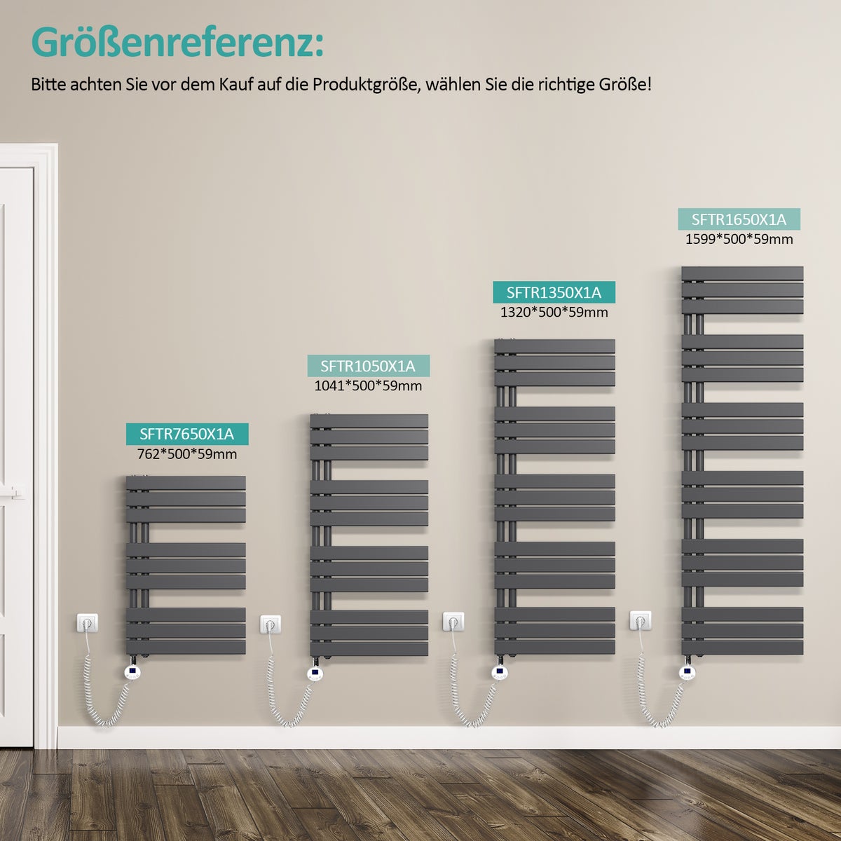 EMKE Elektrische Design Paneelradiator met Thermostaat en Timer voor Handdoekradiator, Zijdelings Open, Verticaal, 800 Watt, 60 cm x 132 cm, Antraciet
