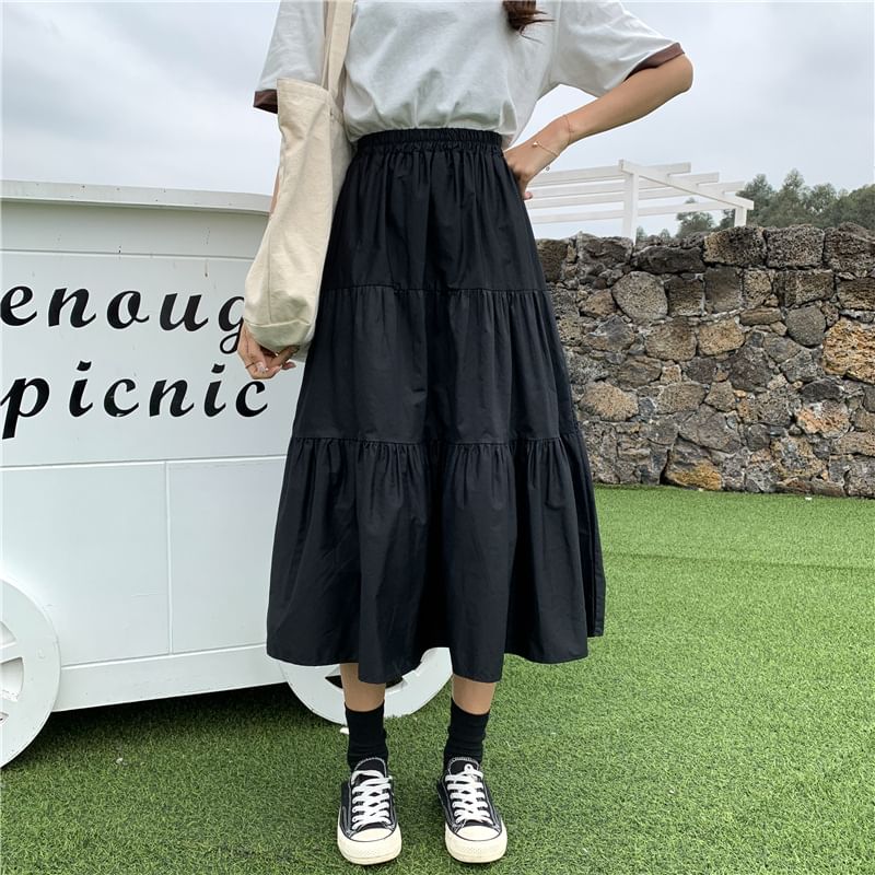 Honey River - Effen midi-A-lijn rok met elastische taille
