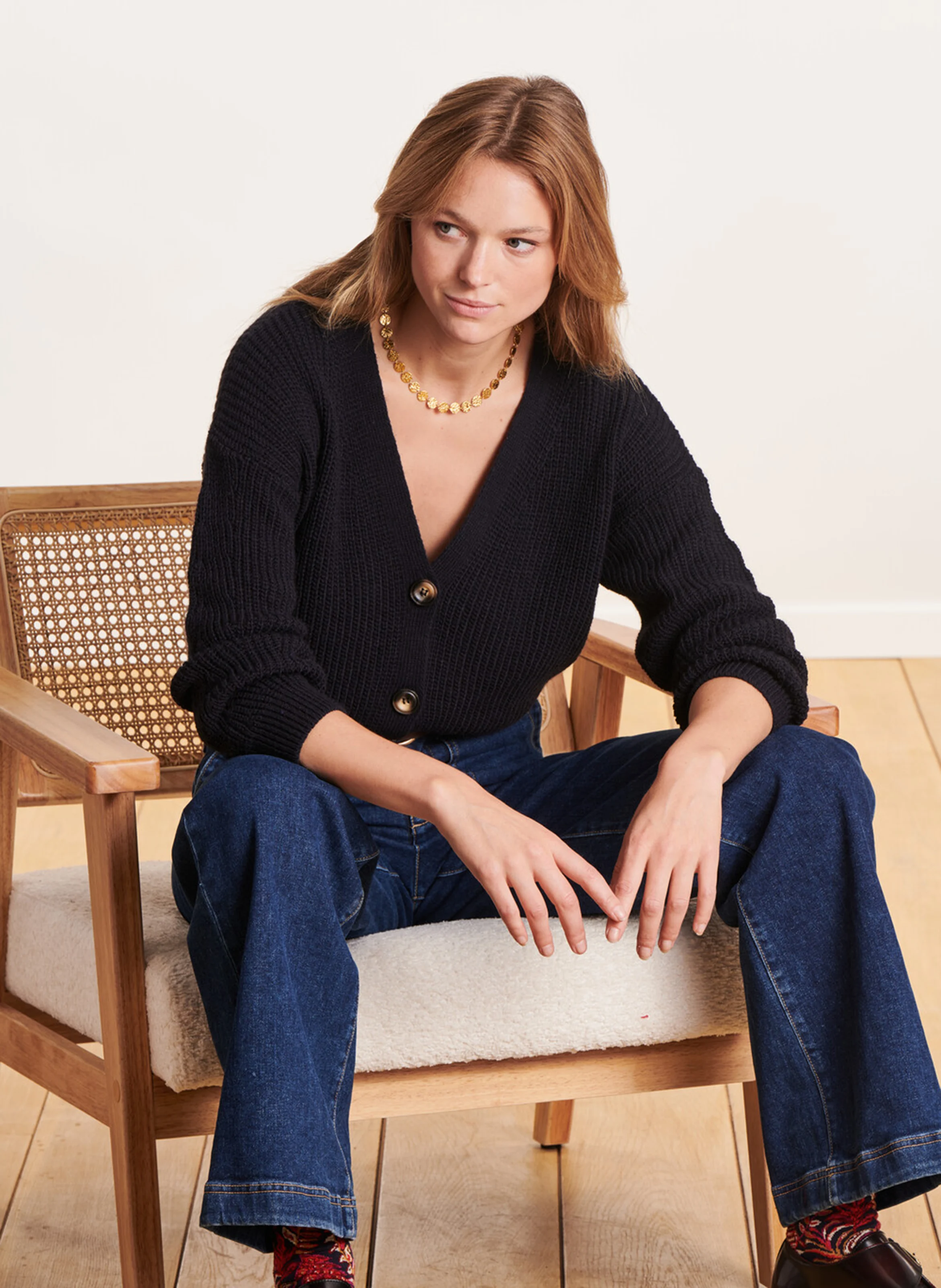 Gilet col V en maille mélangée | Bleu